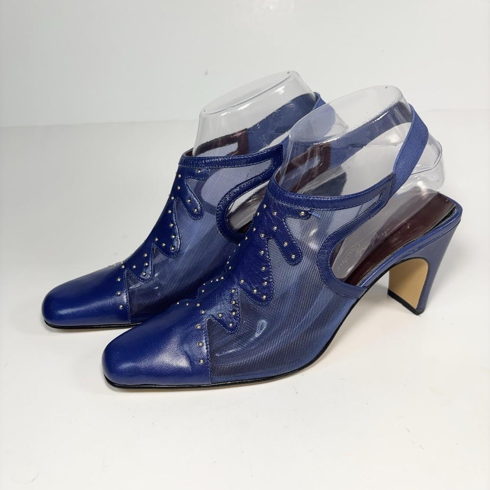 Vtg Stefani Couture Blue Mesh Leather Vamp Gold Studs Slingback Pumps Size 7